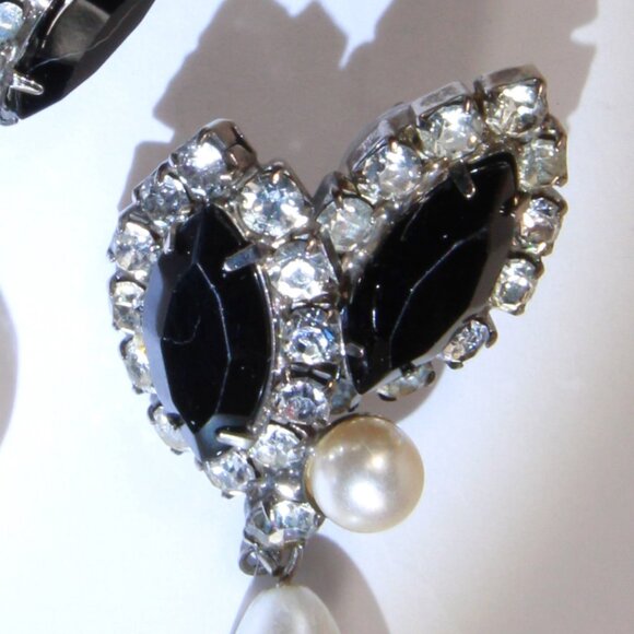 Vintage Silver-Tone Black & Clear Rhinestone Imitation Pearl Drop Earrings - Picture 6 of 8